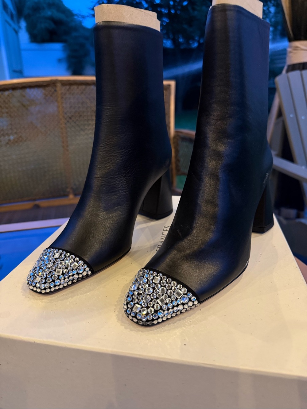 Dear Frances Black Leather Ankle Boots with Crystal-Toe Caps